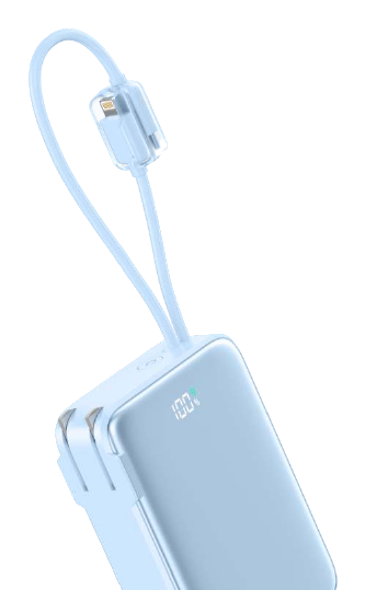Power bank with built-in AC plug, blue